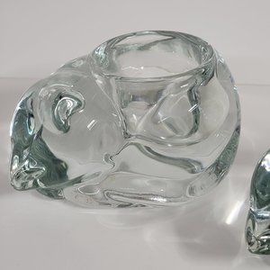 Vintage Indiana Glass Clear Sleeping Cat Votive Tealight Candle Holder Set of 2